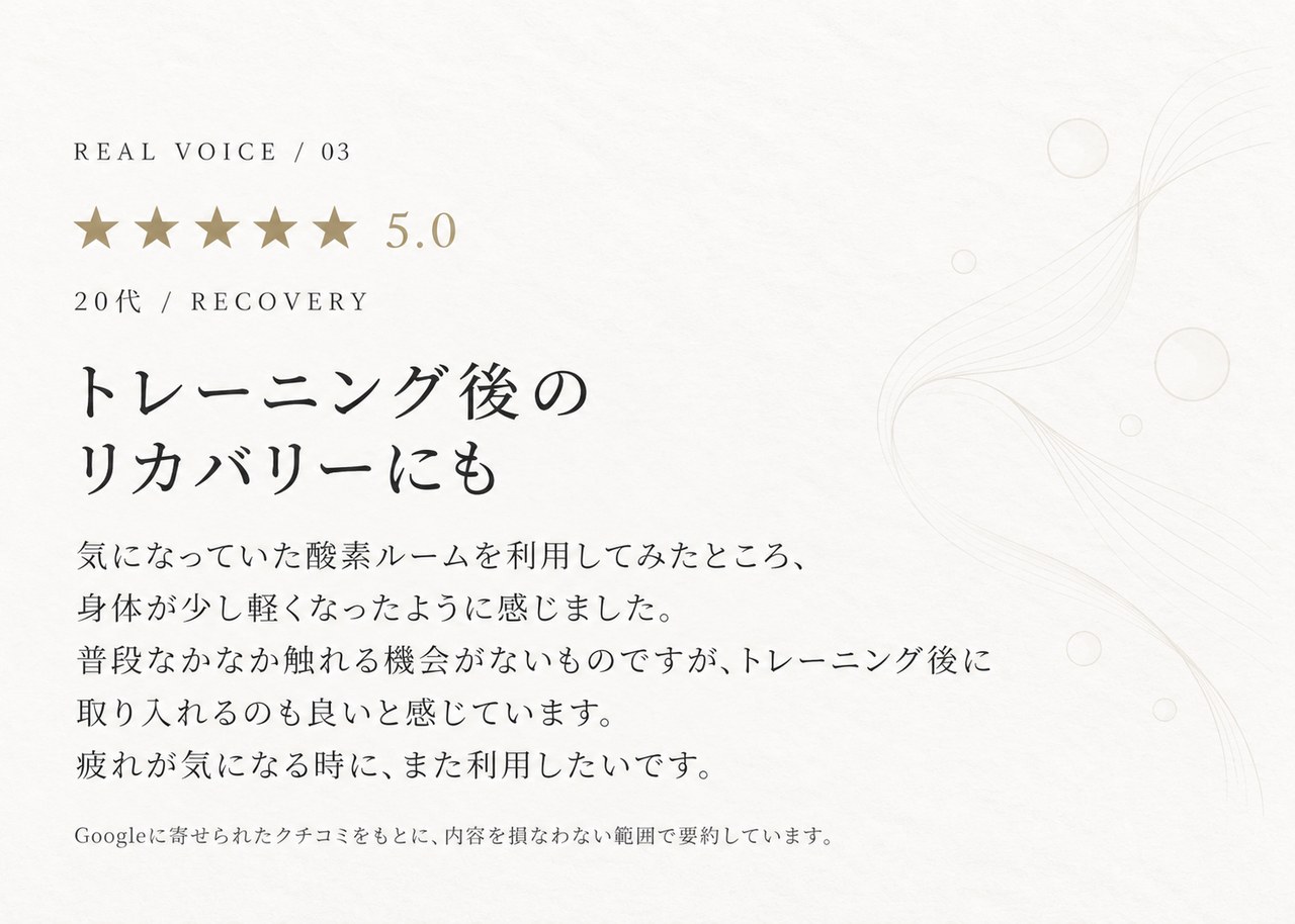 REAL VOICE 03/20代・リカバリー(★5.0)「トレーニング後のリカバリーにも」気になっていた酸素ルームを利用してみたところ、身体が少し軽くなったように感じました。普段なかなか触れる機会がないものですが、トレーニング後に取り入れるのも良いと感じています。疲れが気になる時に、また利用したいです。